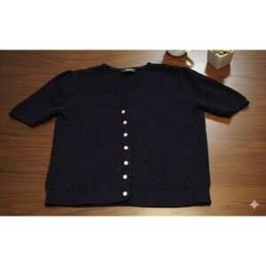 Vintage Y2K Short Sleeve Pearl Button Black Knit Cardigan,Comfy,Country,Size S/M